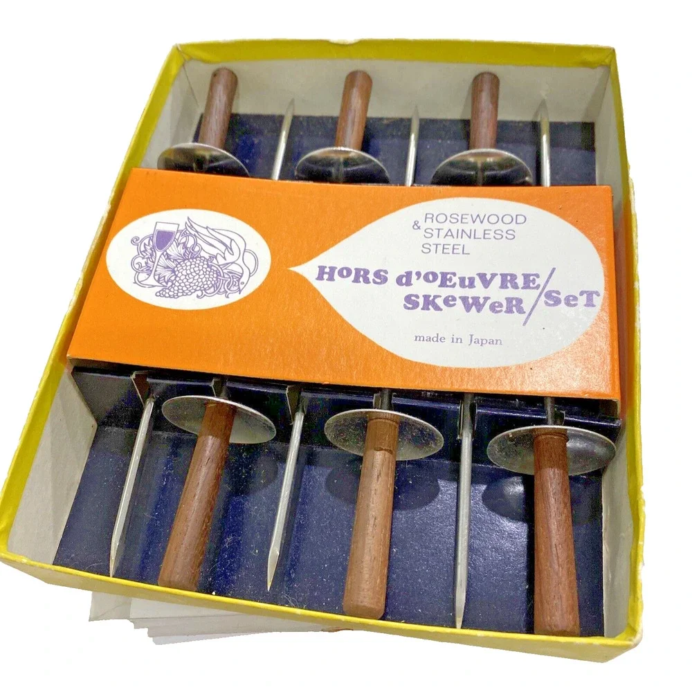 Vintage Hors D’oeuvre Skewer Set of 6 Rosewood & Stainless Steel Made in Japan